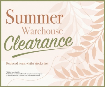 text saying summer warehouse clearance on a cream background with a floral side pattern