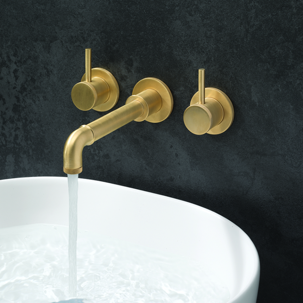 Lifestyle Photo of Crosswater MPRO Industrial Unlacquered Brushed Brass 3 Tap Hole Basin Tap