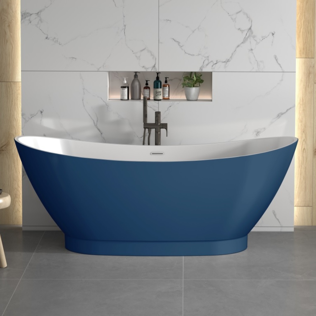 Product lifestyle image of SB211-PAINTED Sanctuary Verbier 1750mm Freestanding Boat Bath in Blue Painted Finish