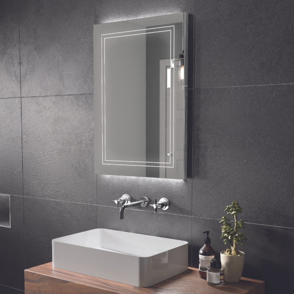 Close up product lifestyle image of the HIB Outline 600mm LED Bathroom Mirror