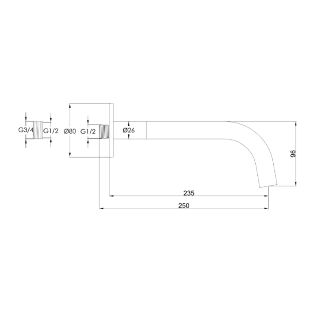 Product Specification image of the JTP Vos Matt Black 250mm Bath/Basin Spout