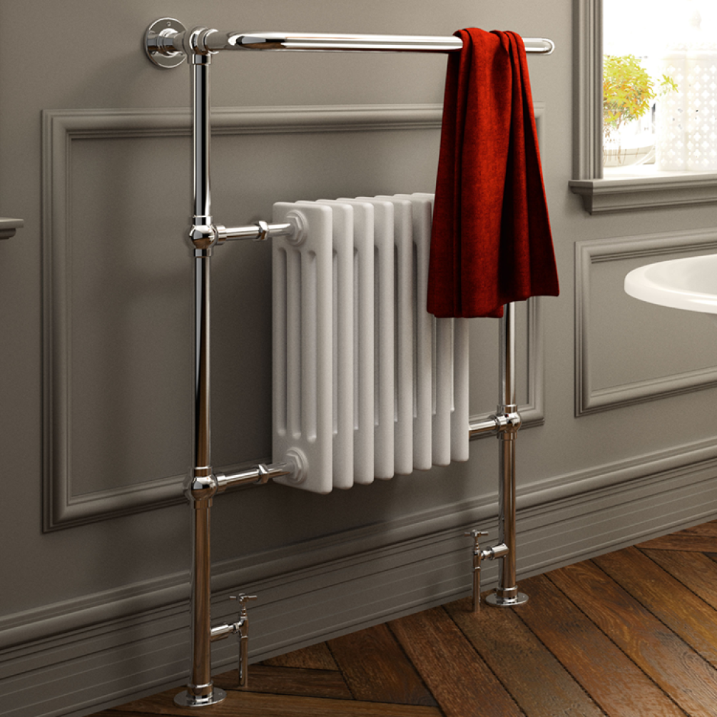 Lifestyle image of the Radox Taurus Columbine 965mm x 665mm White & Chrome Heated Radiator mounted in a traditional styled bathroom with a red towel being warmed on it