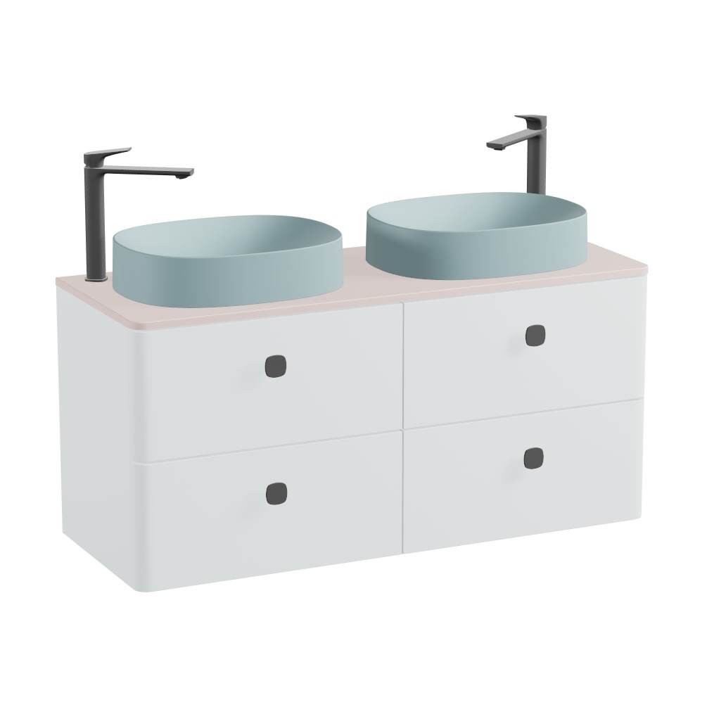 Vado Cameo 1200mm Arctic White Wall Hung 4 Drawer Vanity Unit, Pink Clay Worktop & Cove Blue Basins