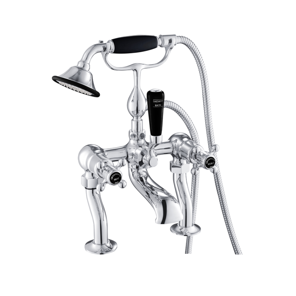 Photo of JTP Grosvenor Cross Chrome Deck Mounted Bath Shower Mixer with Kit - Black Indices
