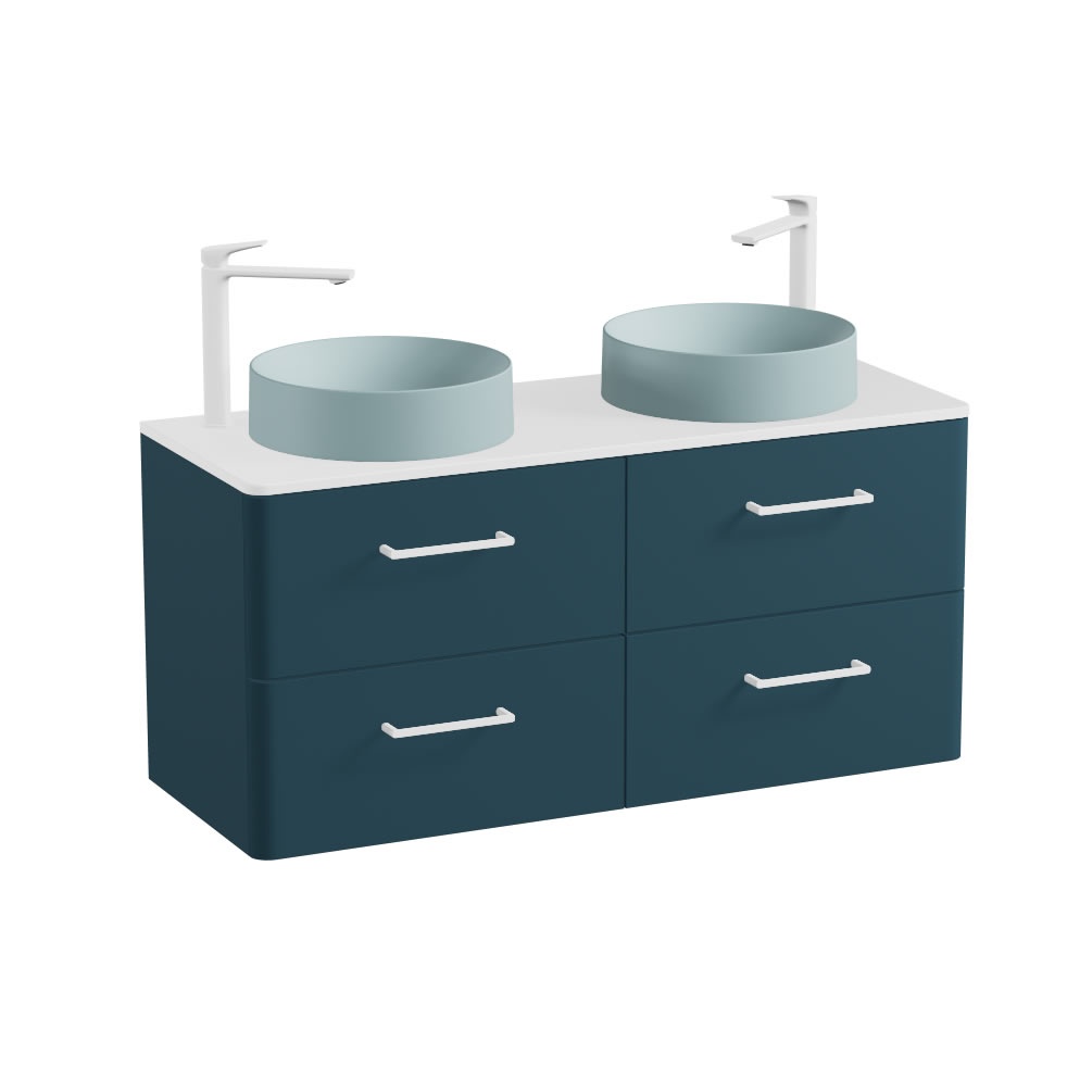 Vado Cameo 1200mm Atlantic Blue Wall Hung 4 Drawer Vanity Unit, Gloss Worktop & Cove Blue Basins