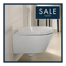 image of wall hung toilet with blue box and text saying sale toilets for cheap toilets category