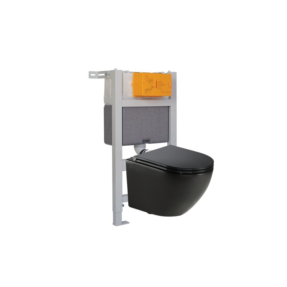 JTP Wortex Matt Black Wall Hung Rimless Toilet with Seat & 0.82m Concealed Cistern W.C Frame Set