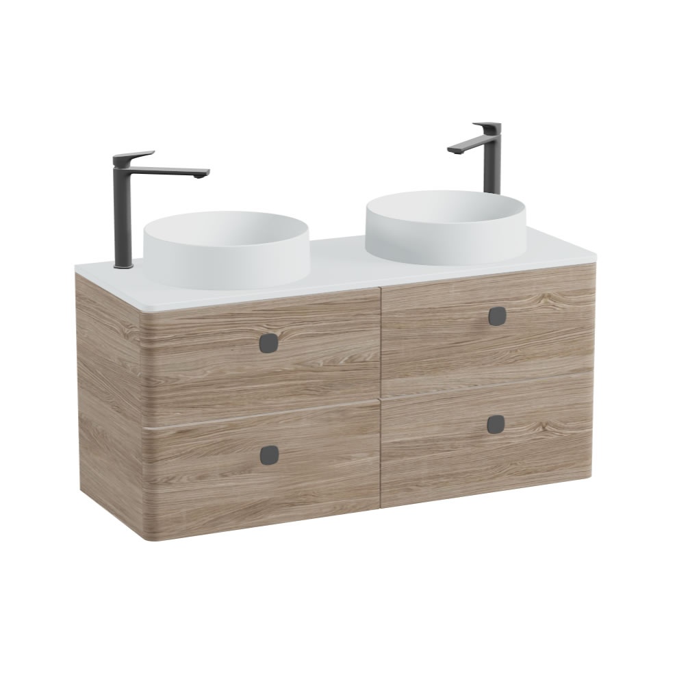 Vado Cameo 1200mm Natural Oak Wall Hung 4 Drawer Vanity Unit, Arctic Worktop & Round Basins