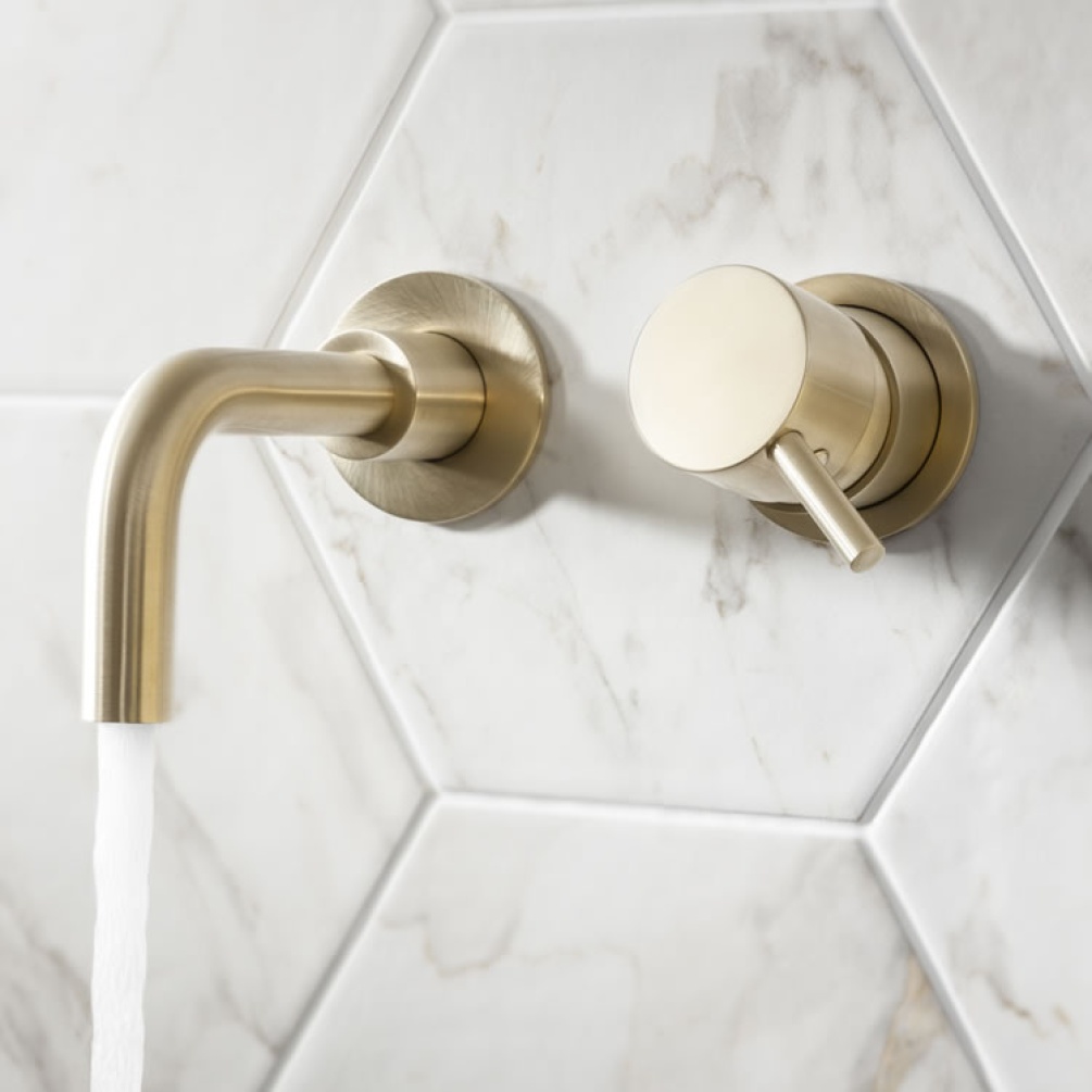 Photo of Crosswater MPRO Brushed Brass Wall Mounted Basin 2 Hole Set with 140mm Spout
