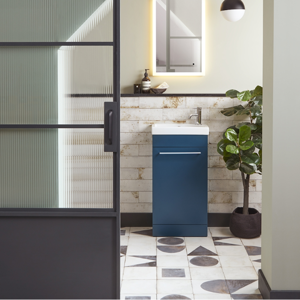 Lifestyle Photo of Roper Rhodes Esta Derwent Blue Freestanding Unit & Basin - Image 1
