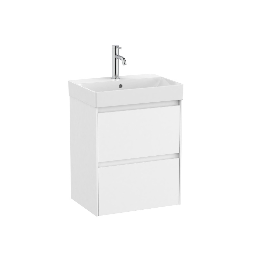 Cut out image of Roca Ona Compact 500mm x 360mm Matt White Wall Hung 2 Drawer Cloakroom Vanity Unit & Basin