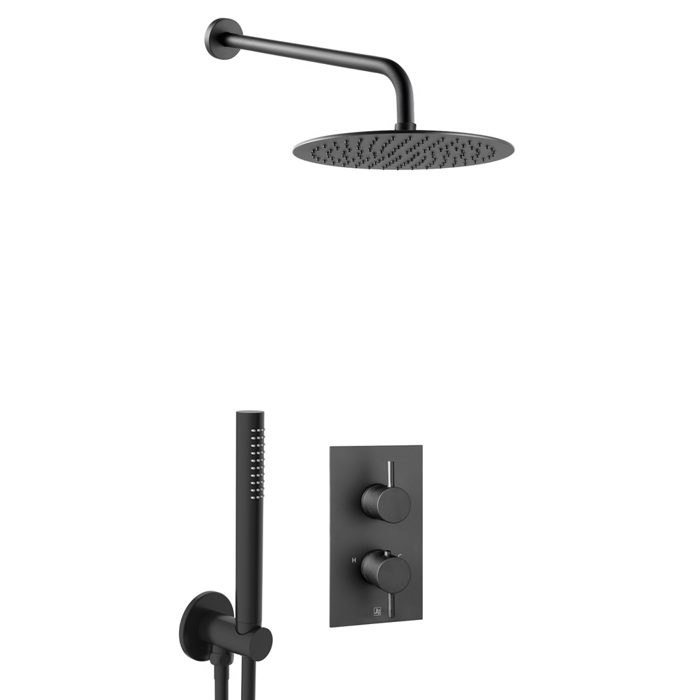Product cut out image of JTP Vos Matt Black 2 Outlet 2 Handle Shower Valve with Rainfall Shower and Handset COM 074