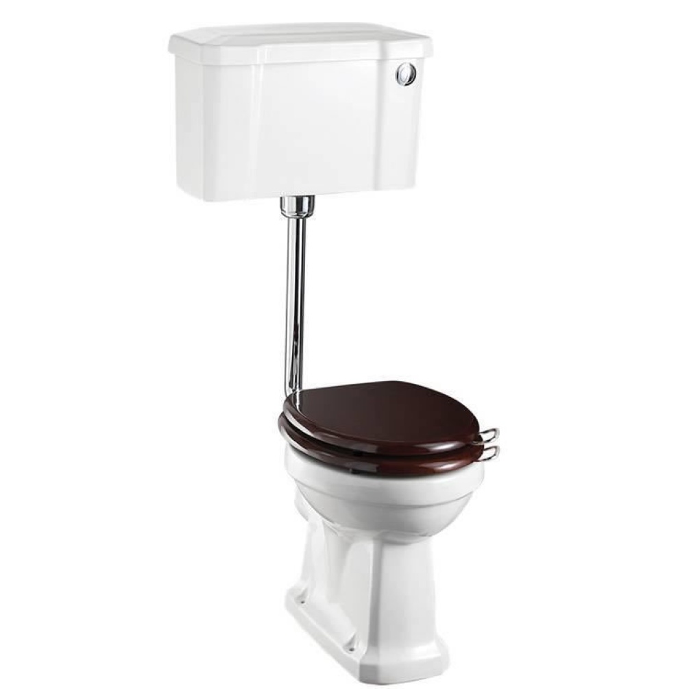 Product Cut out image of the Burlington Regal Low Level Toilet with Push Button and a Gloss Mahogany Toilet Seat