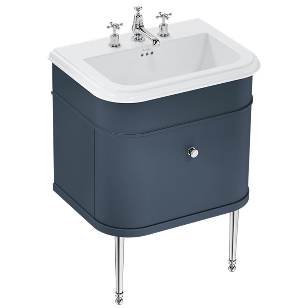 Burlington Chalfont 650mm Blue Vanity Unit With Ceramic Basin (3 Tap Holes) & Chrome Legs