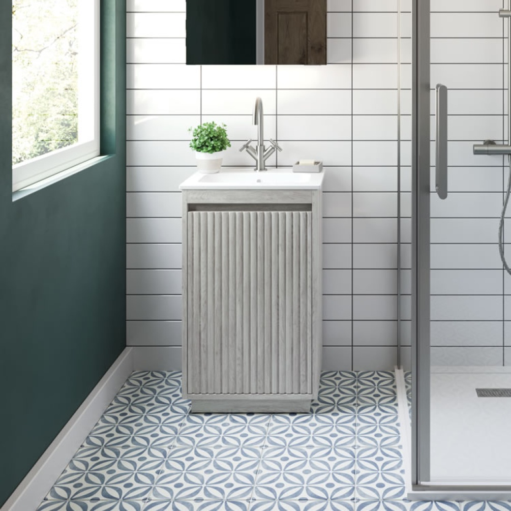 Lifestyle image of Crosswater Flute Nordic Oak Floor-Standing Vanity Unit & Basin