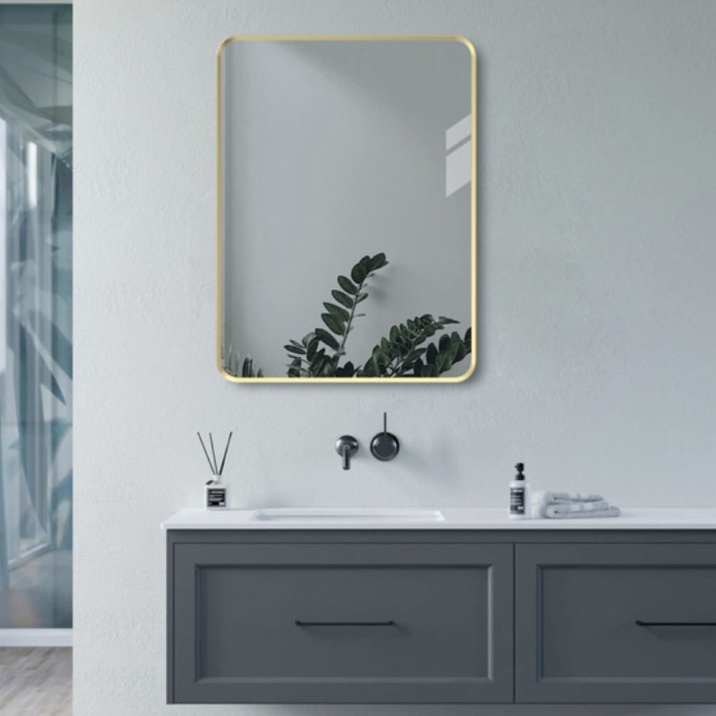 Product Lifestyle image of the Apex Brushed Brass 600mm x 800mm Rectangle Mirror