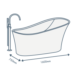 iconography image of a bathtub with 1600mm length text and 750mm width text illustrating this sized bath