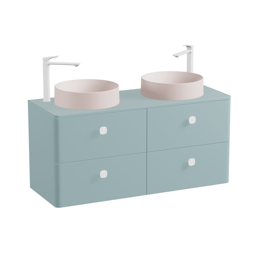 Vado Cameo 1200mm Cove Blue Wall Hung 4 Drawer Vanity Unit, Worktop & Pink Clay Basin