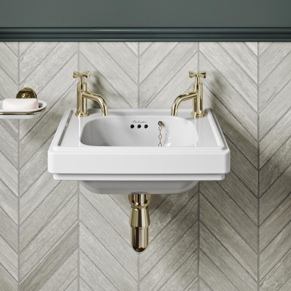 Close up product lifestyle image of the Burlington Riviera 450mm Square Cloakroom Basin with two tap holes