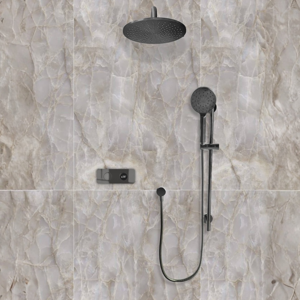 TED TOGO Gunmetal Grey Dual Outlet Digital Slide Rail Shower Set Lifestyle 1