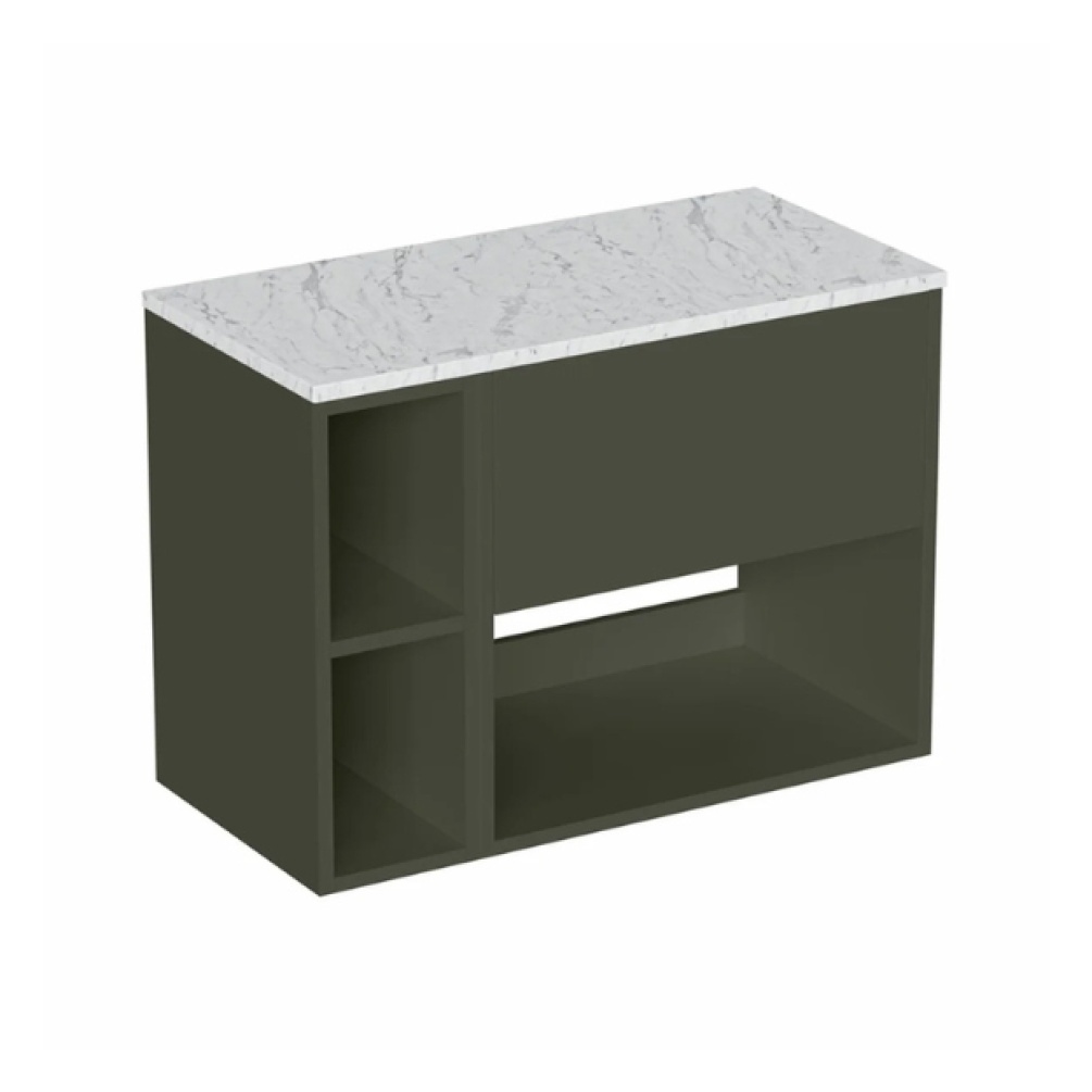Cut out image of the Britton Hackney Earthy Green 800mm Wall Hung Vanity Unit with Worktop & Shelf Unit