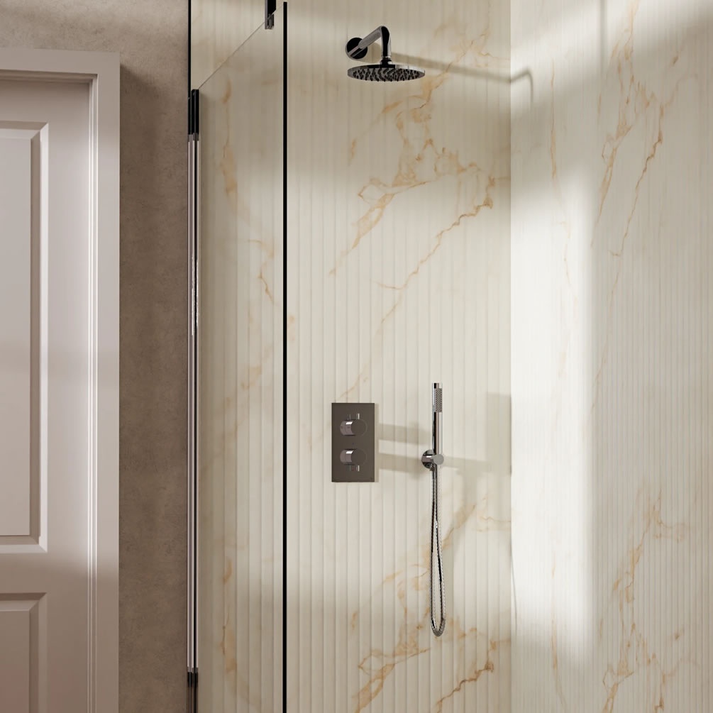 Lifestyle image of Crosswater Design Chrome Dual Outlet Rainfall Shower Set