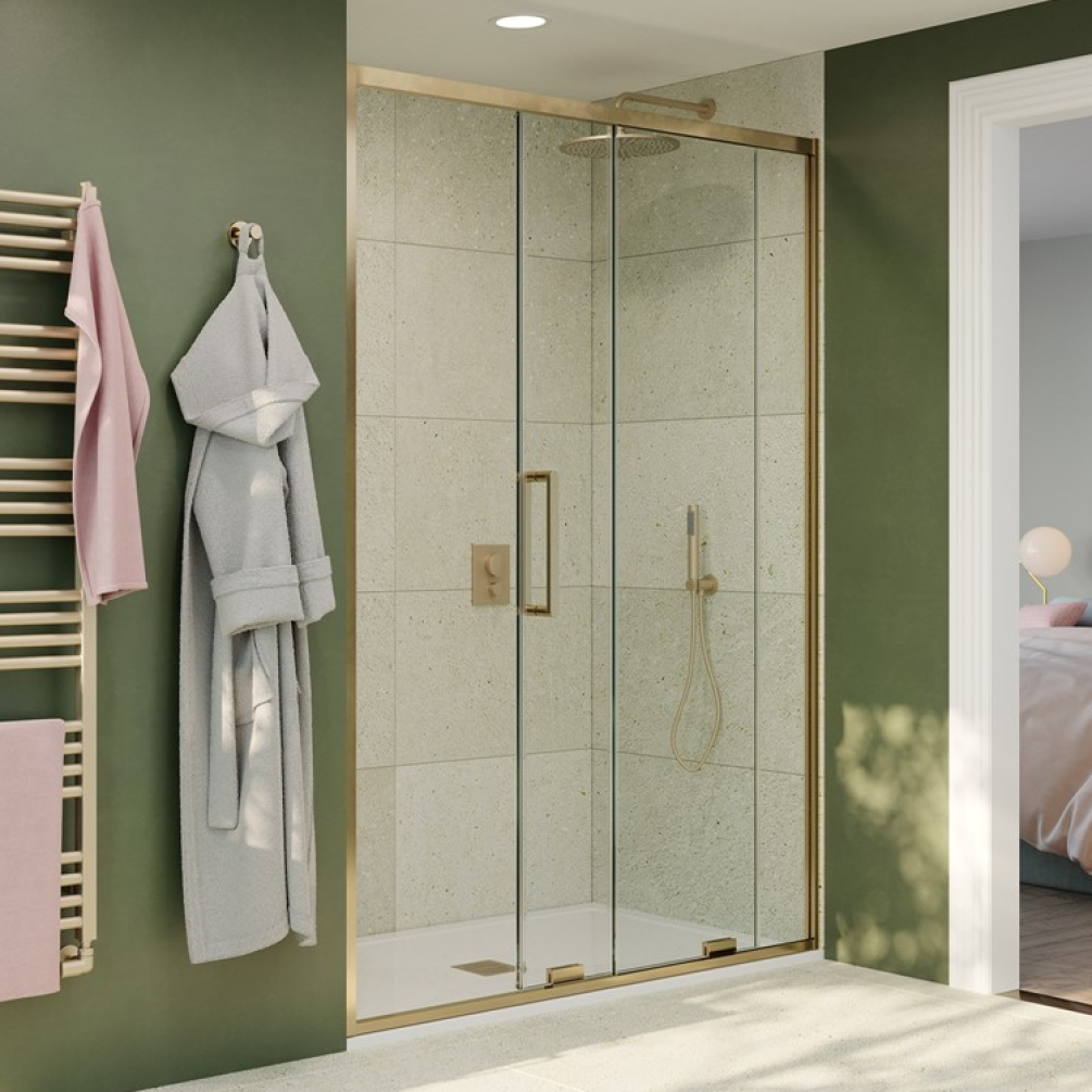 Lifestyle Photo of Crosswater Optix 10 Brushed Brass Single Sliding Shower Door