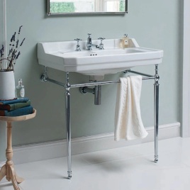 image of a burlington 3 tap hole basins with chrome washstand in a grey bathroom space.
