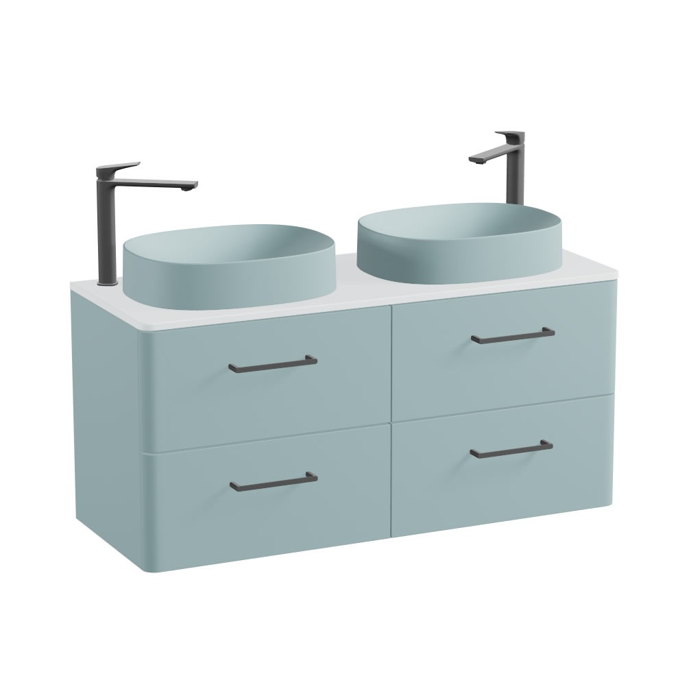Vado Cameo 1200mm Cove Blue Wall Hung 4 Drawer Vanity Unit, Arctic Worktop & Cove Blue Oval Basin