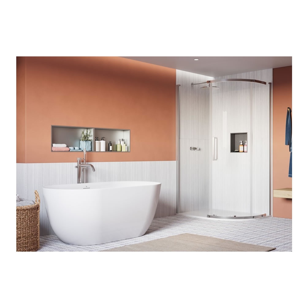 Lifestyle image of Crosswater Asura 8 Polished Stainless Steel 1200 x 900mm Offset Shower Quadrant