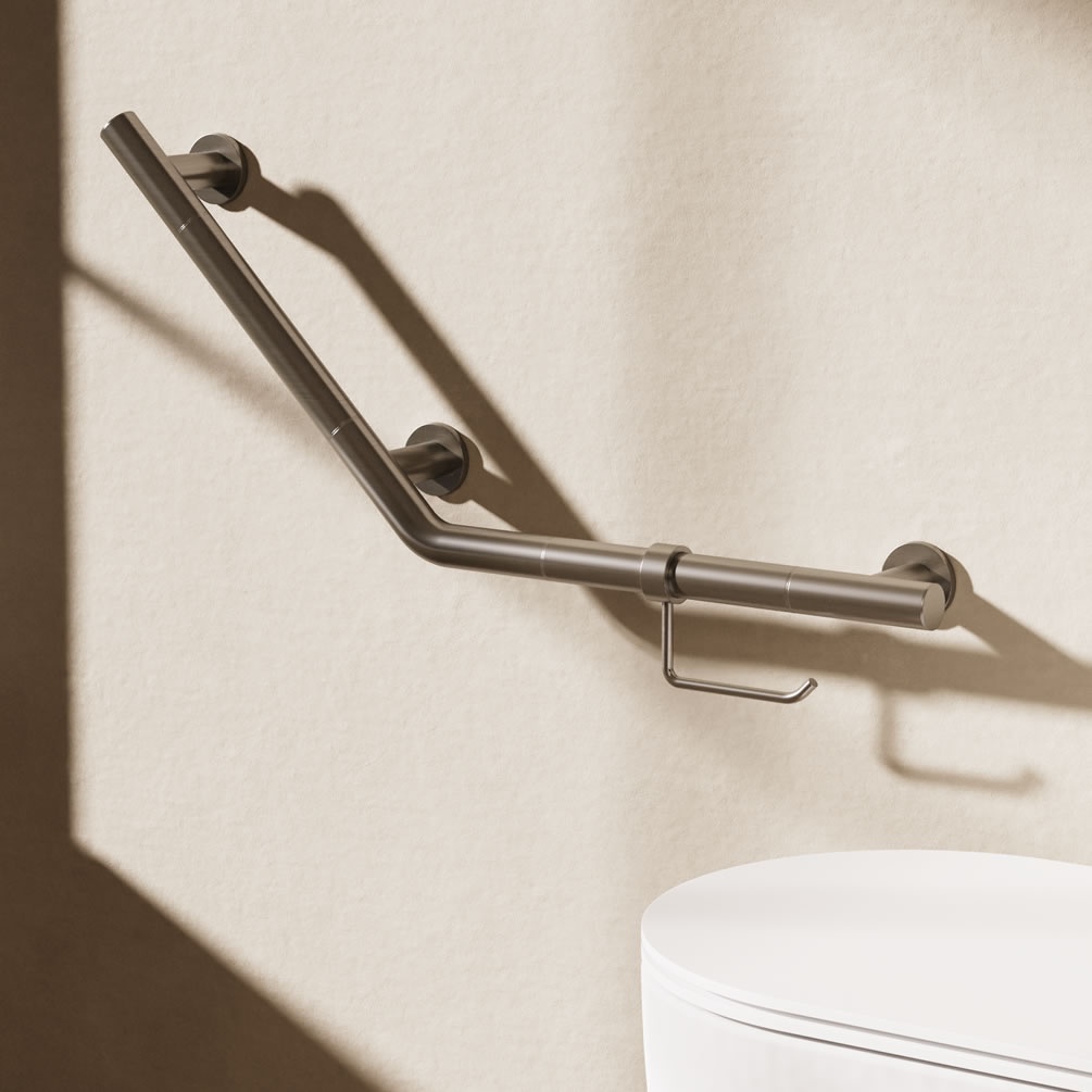Lifestyle image of Crosswater Brushed Nickel Angled Grab Bar & Toilet Roll Holder
