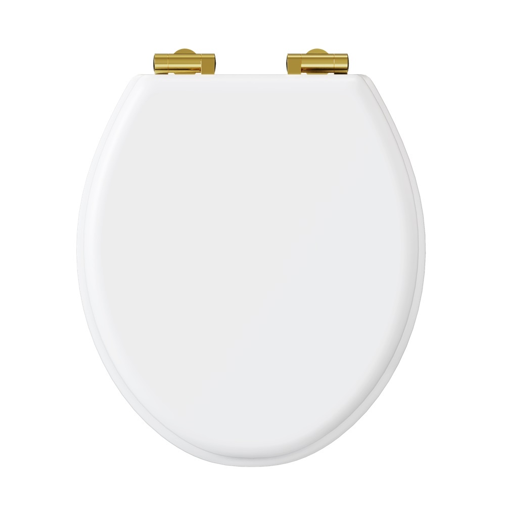 product cut out image of burlington guild varley white soft close toilet seat with gold hinges GU6105VW GUHGG