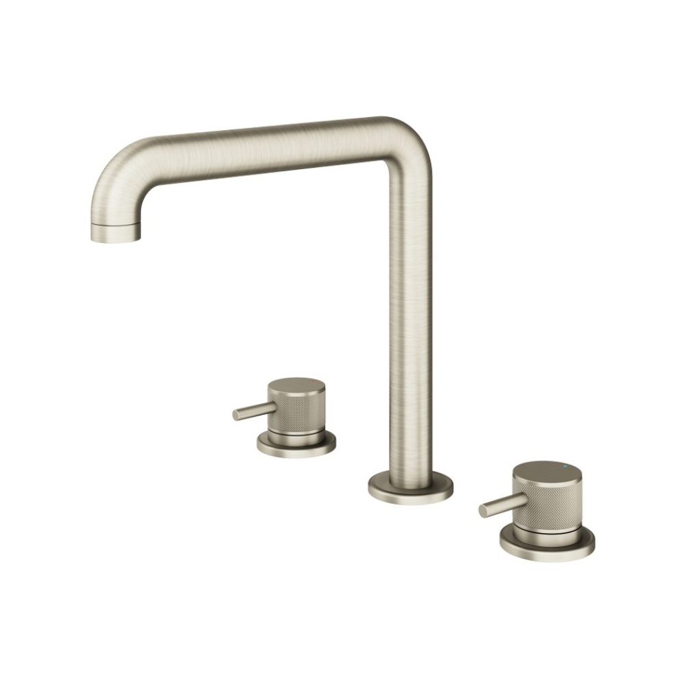 Product Cut out image of the Abacus Iso Pro Brushed Nickel Deck Mounted 3 Tap Hole Basin Mixer