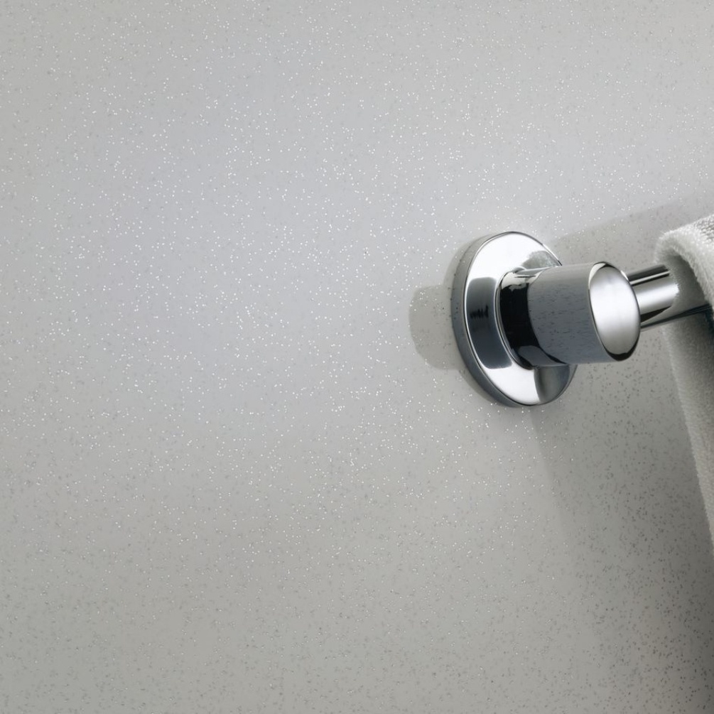 Close up lifestyle image of the Showerwall Laminate Bianco Stardust 2440mm x 1200mm Square Cut Ply Wall Panel - SW12