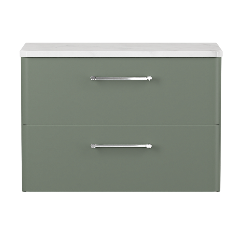 Product cut out photo of Britton Bathrooms Camberwell Earthy Green 800mm Wall Hung Vanity Unit with Chrome Handles and worktop - Front Angle C80DDG