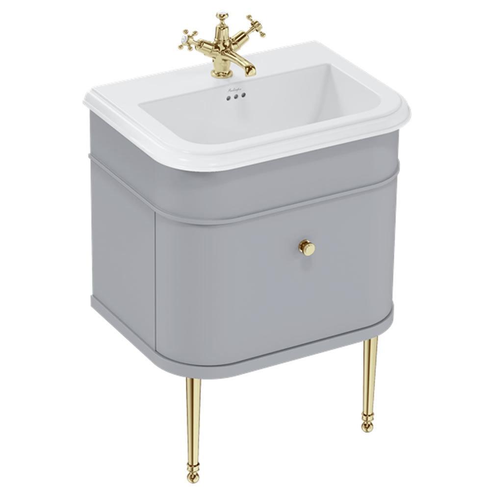 Burlington 650mm Grey Vanity Unit With Ceramic Basin (3 tap hole) & Gold Legs