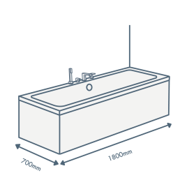 iconography image of a bathtub with 1800mm length text and 700mm width text illustrating this sized bath