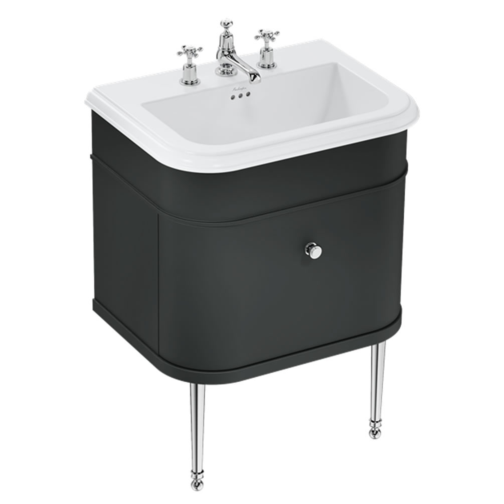Burlington Chalfont 650mm Ceramic Basin, Matt Black Wall Hung Unit & Chrome Legs