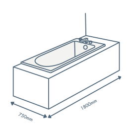 iconography image of a bathtub with 1800mm length text and 750mm width text illustrating this sized bath