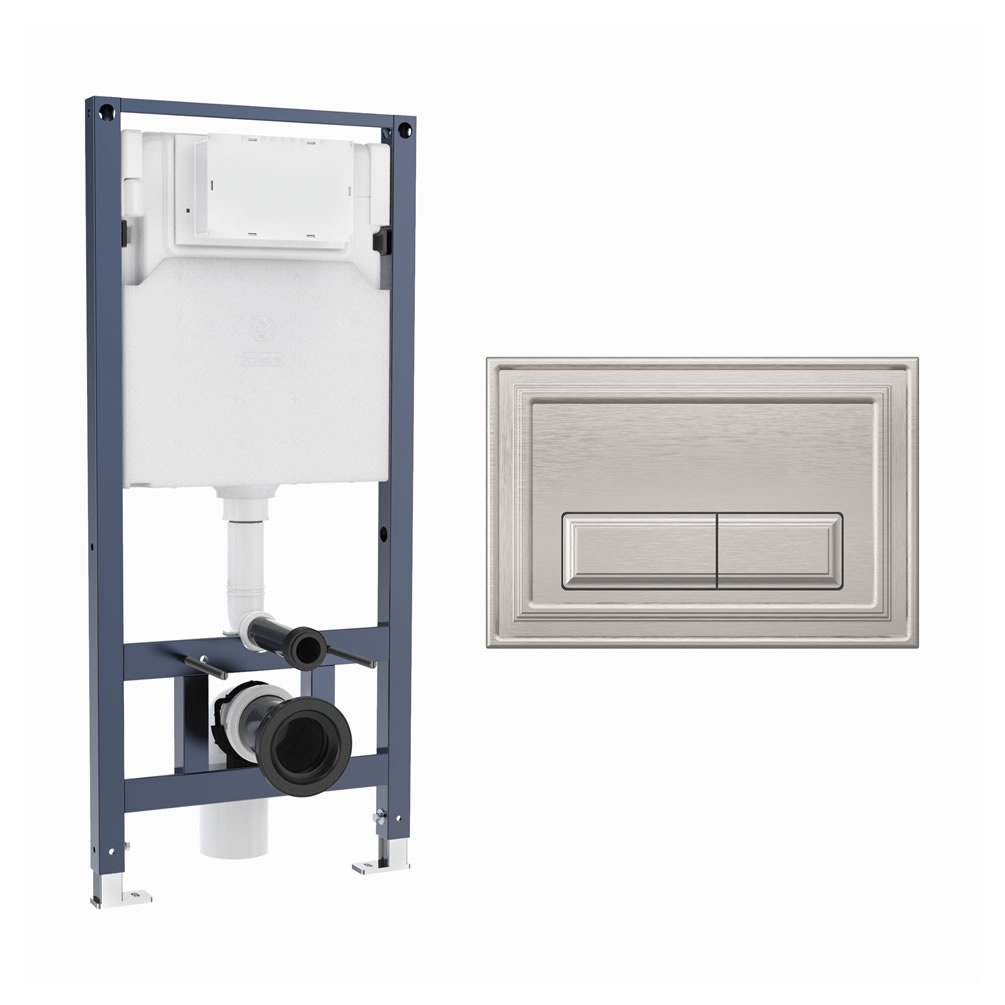 Cutout image of Crosswater 1120mm Wall-Hung Cistern Frame & Belgravia Brushed Nickel Dual Flush Plate