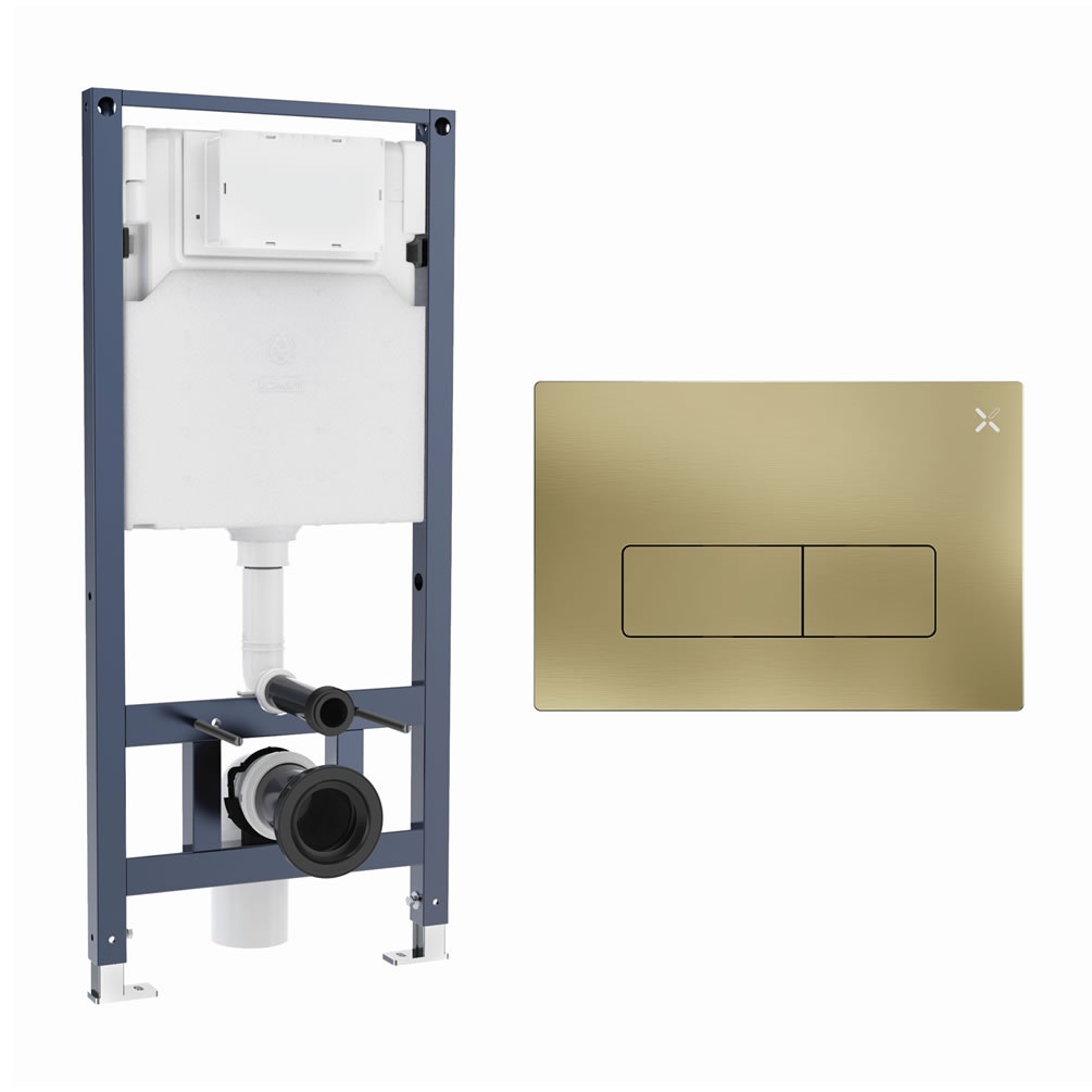 Cutout image of Crosswater 1120mm Wall-Hung Cistern Frame & MPRO Brushed Brass Dual Flush Plate