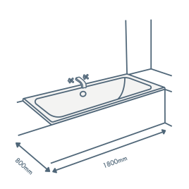 iconography image of a bathtub with 1800mm length text and 800mm width text illustrating this sized bath