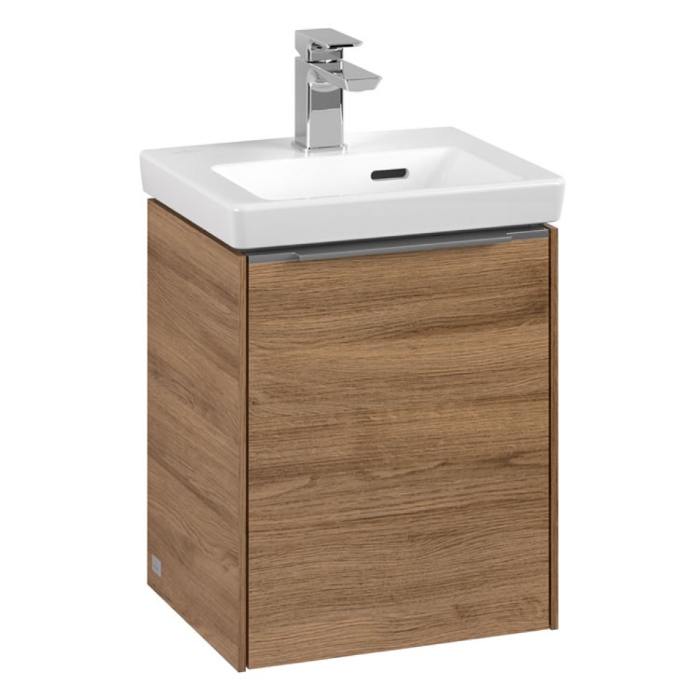 Cutout image of Villeroy & Boch Subway 351 3.0 Oak Kansas Wall-Hung Vanity Unit & Basin Glossy Aluminium Handle