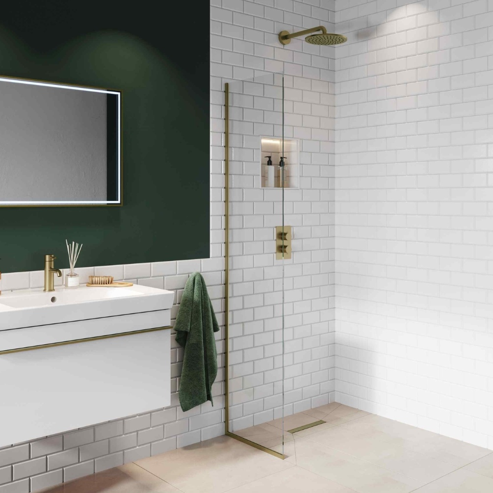 Product Lifestyle image of the Abacus Brushed Brass 590mm Fixed 8mm Wet Room Screen