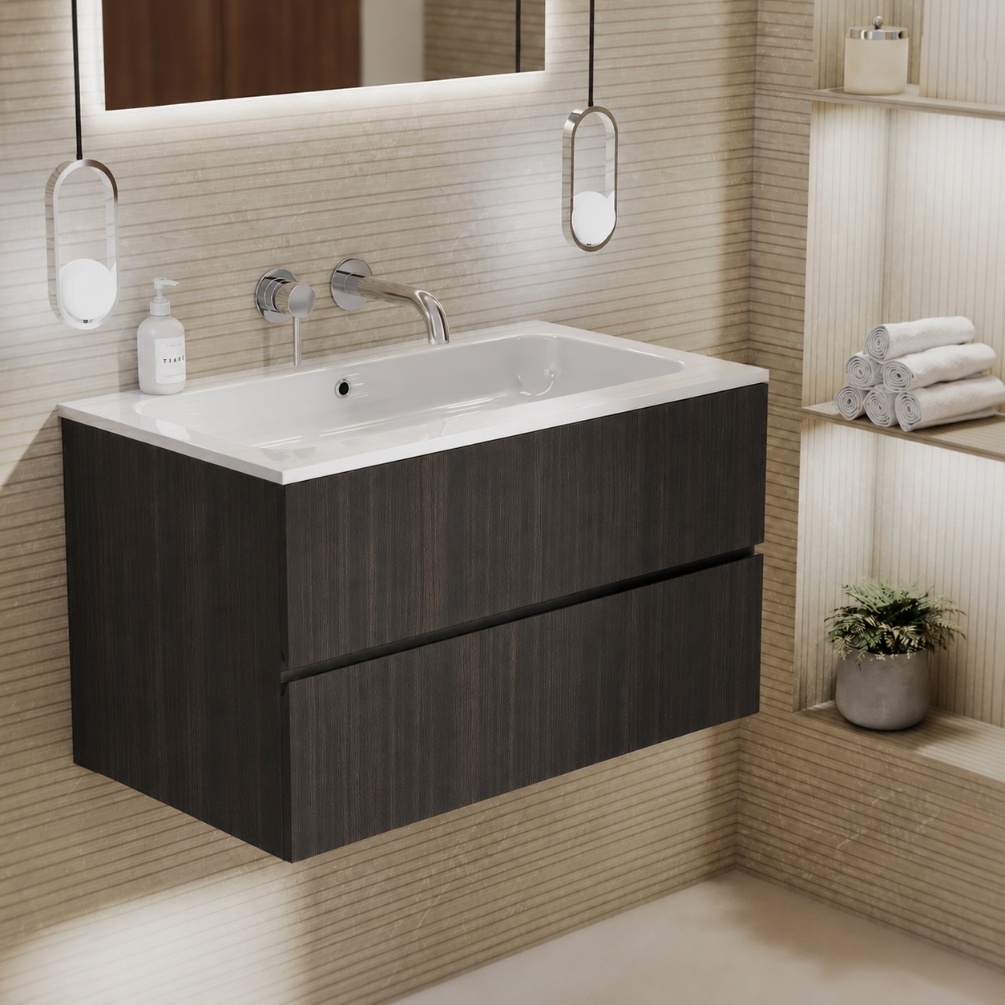 product lifestyle image of Zero Eucalypto 800mm Double Drawer Wall Hung Vanity Unit and 0TH Gloss White Basin 1042-BL1167C-130X