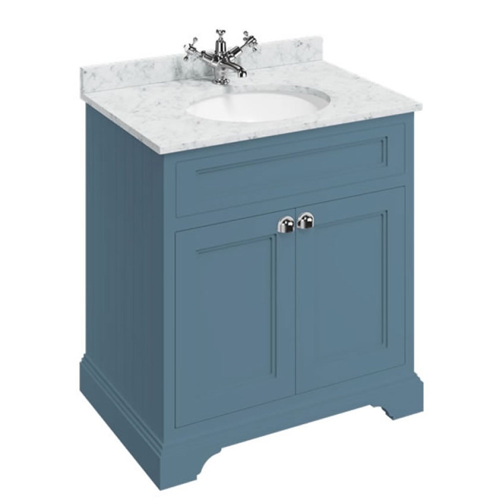 Burlington Minerva Carrara White 750mm Worktop & Blue Freestanding Vanity Unit