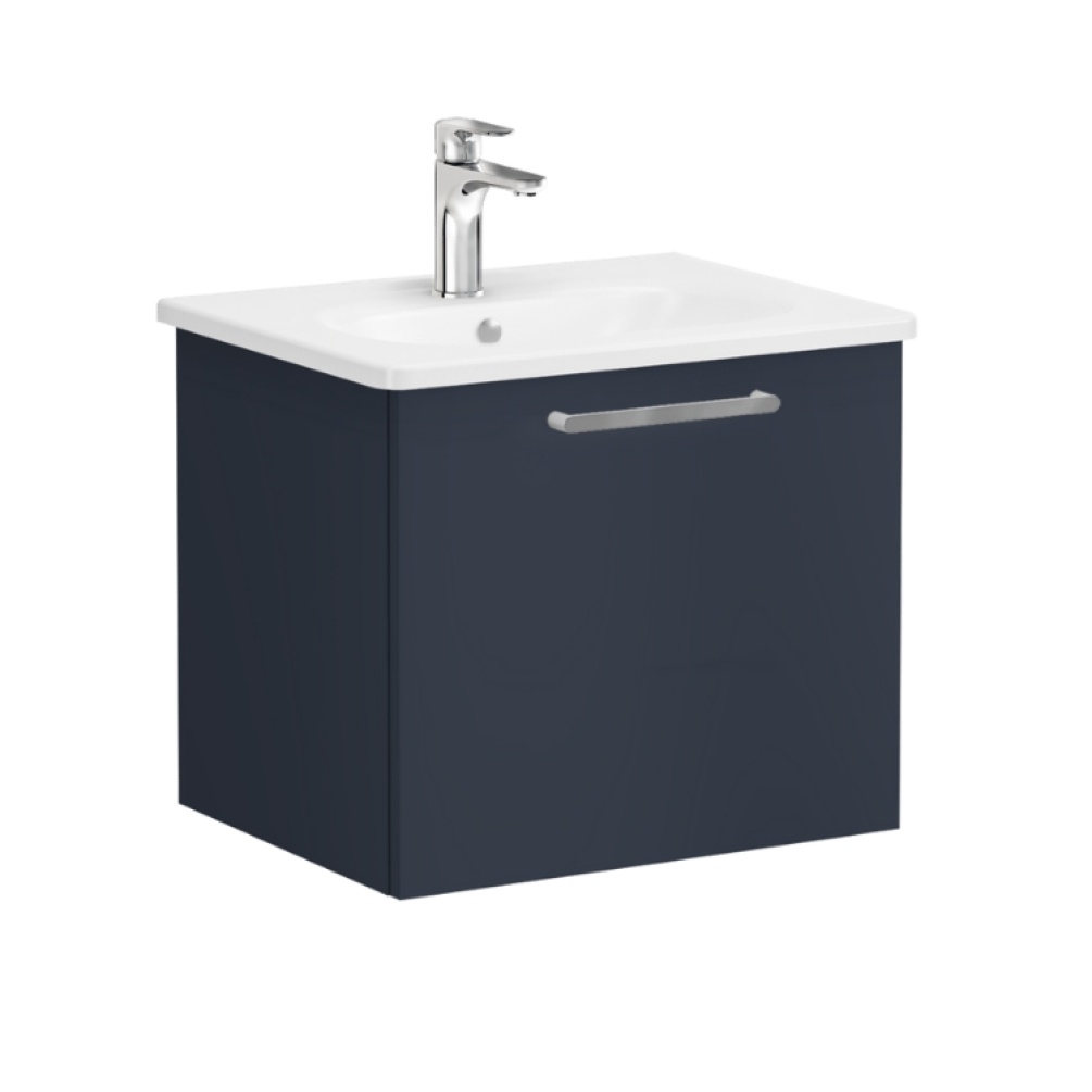 Product Cut out image of VitrA Root Flat Dark Blue 600mm Washbasin Drawer Unit 67918 with chrome handle