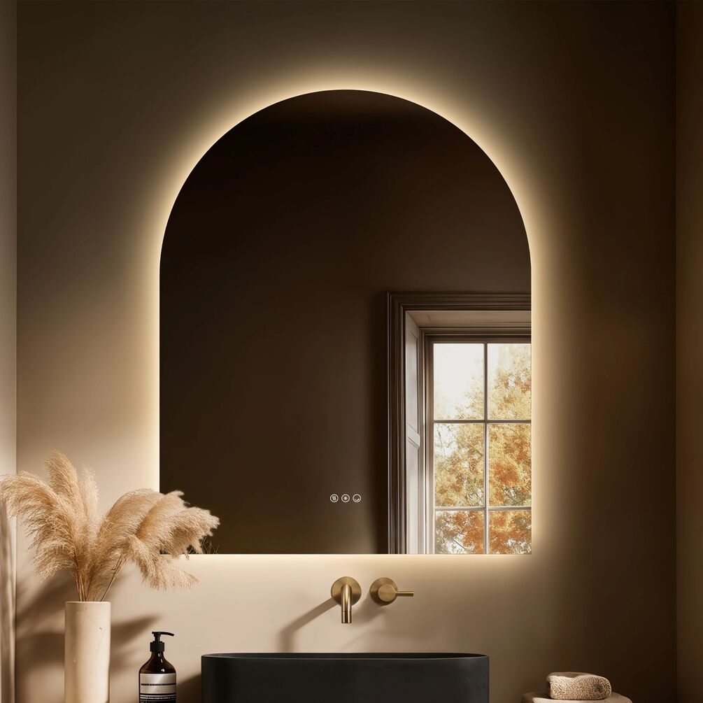 Lifestyle image of Origins Living Claris 800 x 1000mm Arched LED Mirror