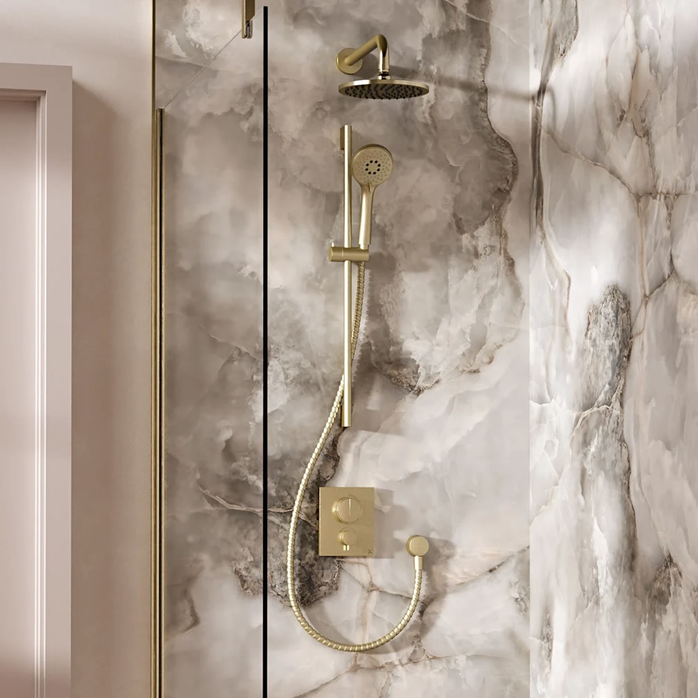 Lifestyle image of Crosswater Crossbox Push Brushed Brass Dual Outlet Slide Rail Shower Set