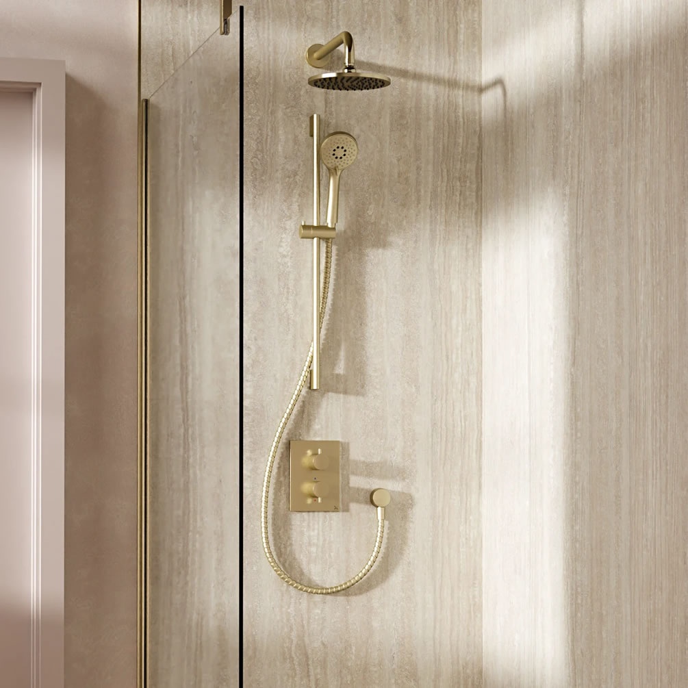 Lifestyle image of Crosswater Crossbox Brushed Brass Dual Outlet Slide Rail Shower Set